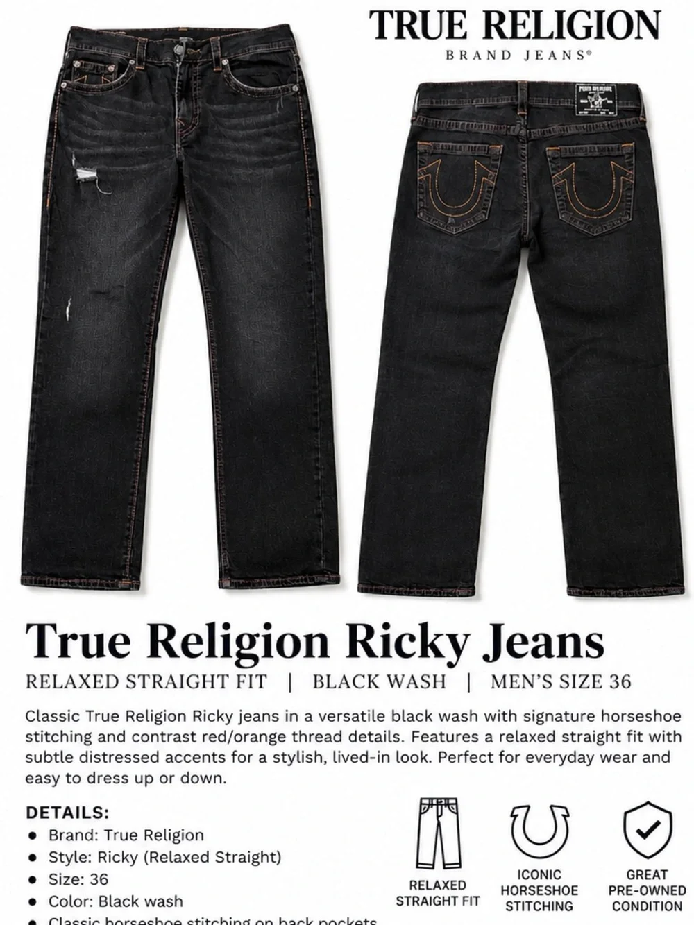True Religion Ricky Relaxed Straight Black Jeans Distressed Y2K sz 36